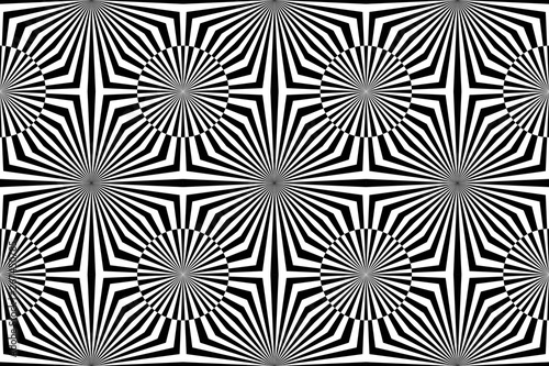 Abstract Seamless Black and White Geometric Pattern with Stripes. Contrasty Optical Psychedelic Illusion. Starlike Wicker Texture. Raster Illustration