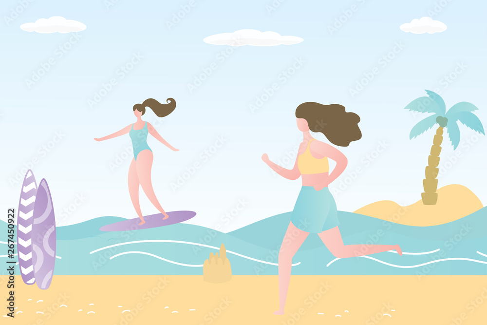 Beauty girls on tropical beach,female characters are engaged in beach sports and activities