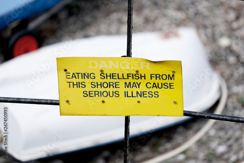 Danger eating shellfish may cause serious illness warning sign at beach photo