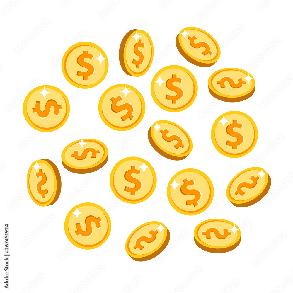 Gold isolated coins set. Different positions. Flying gold coins, golden rain background. Vector illustration