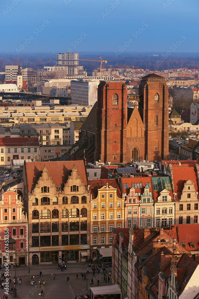 Aerial view of Stare Miasto with Market Square, Old Town Hall and St. Elizabeth's Church from St. Mary Magdalene Church in Wroclaw, Poland