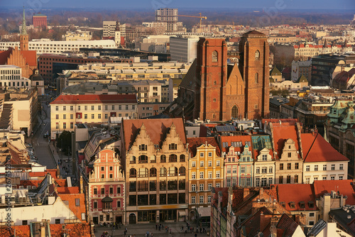 Aerial view of Stare Miasto with Market Square, Old Town Hall and St. Elizabeth's Church from St. Mary Magdalene Church in Wroclaw, Poland