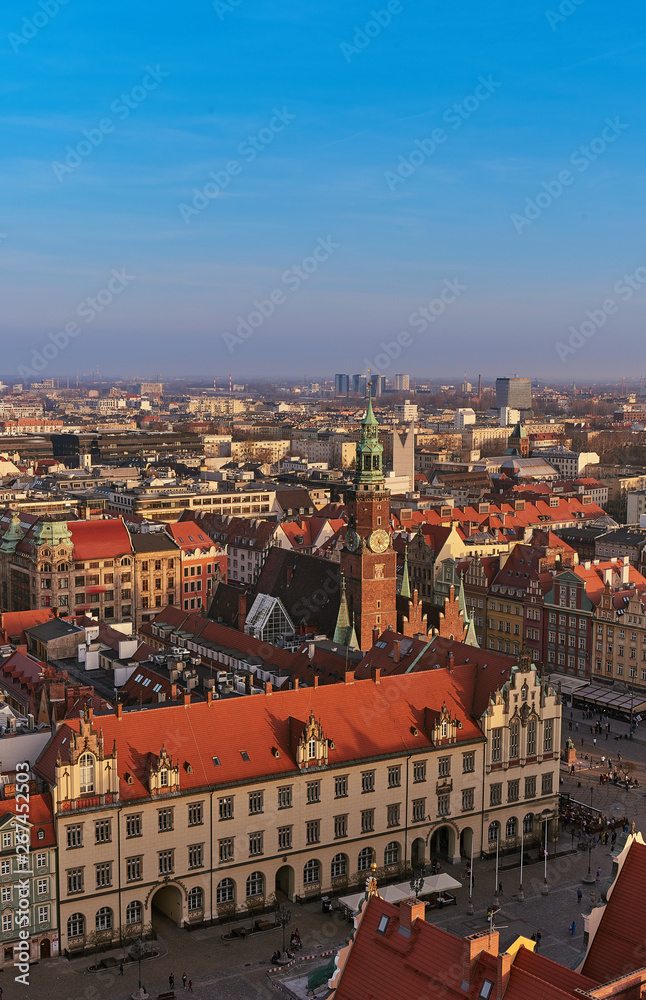 Aerial view of Stare Miasto with Market Square, Old Town Hall and St. Elizabeth's Church from St. Mary Magdalene Church in Wroclaw, Poland
