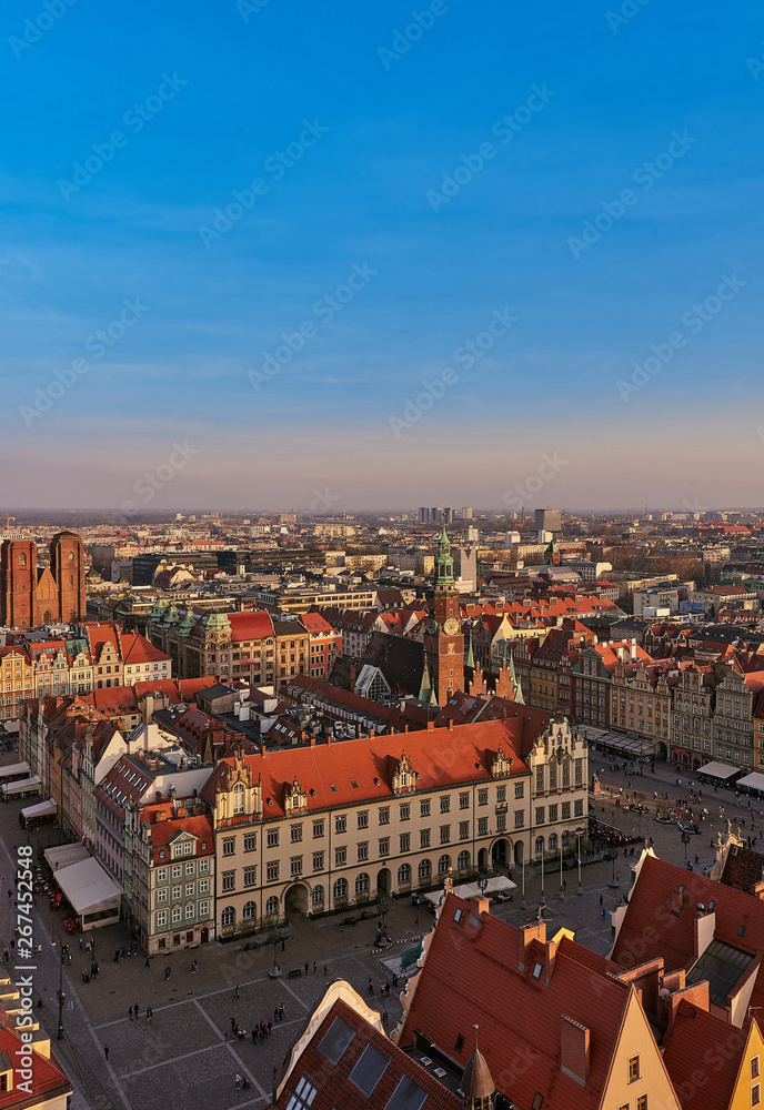 Aerial view of Stare Miasto with Market Square, Old Town Hall and St. Elizabeth's Church from St. Mary Magdalene Church in Wroclaw, Poland