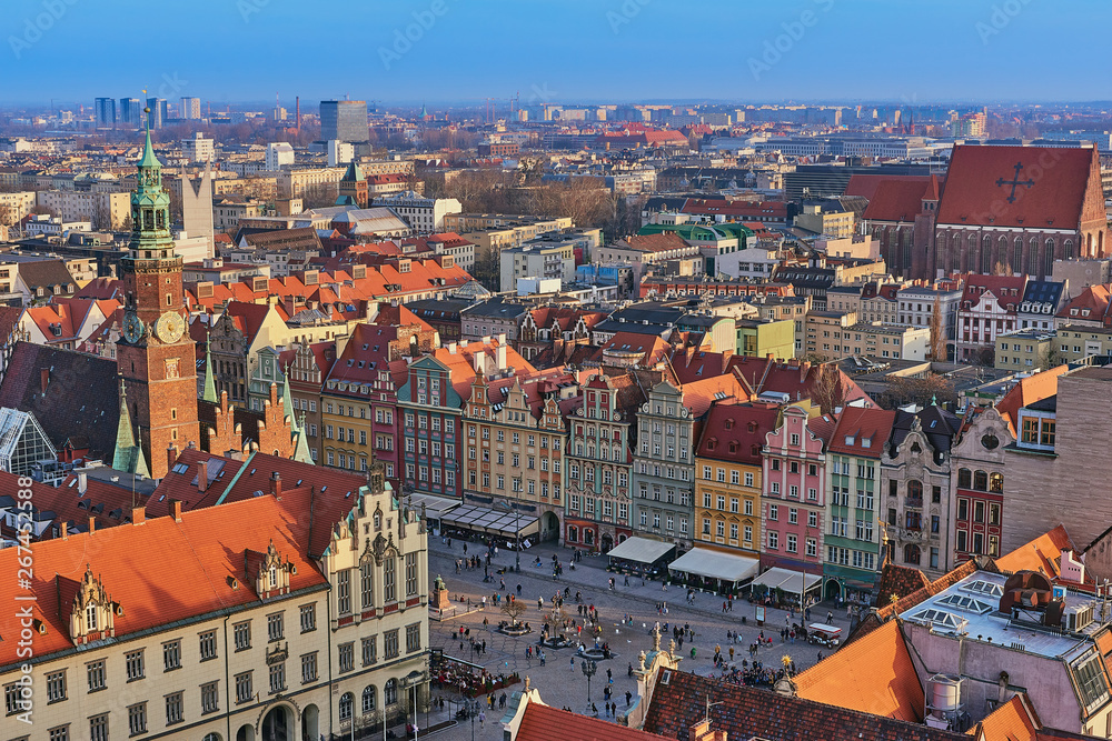 Aerial view of Stare Miasto with Market Square, Old Town Hall and St. Elizabeth's Church from St. Mary Magdalene Church in Wroclaw, Poland