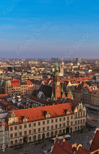 Aerial view of Stare Miasto with Market Square, Old Town Hall and St. Elizabeth's Church from St. Mary Magdalene Church in Wroclaw, Poland