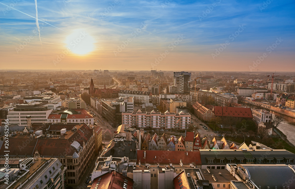 Beautiful, colorful sunset over Wroclaw aerial view