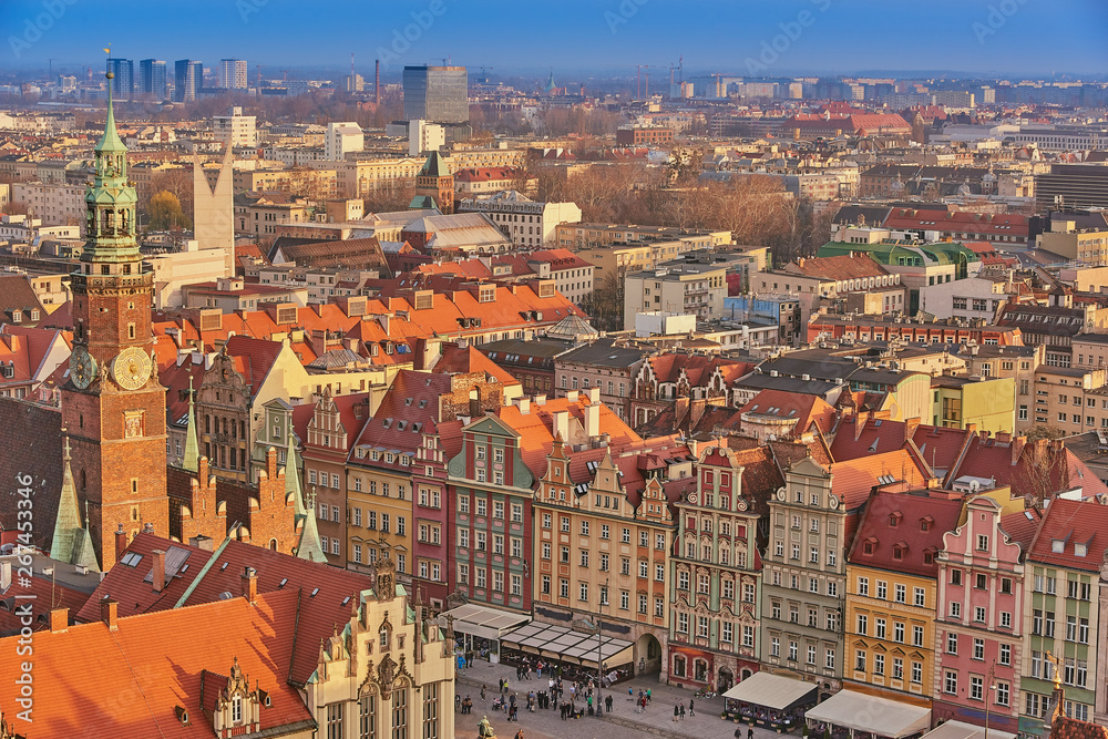 Aerial view of Stare Miasto with Market Square, Old Town Hall and St. Elizabeth's Church from St. Mary Magdalene Church in Wroclaw, Poland