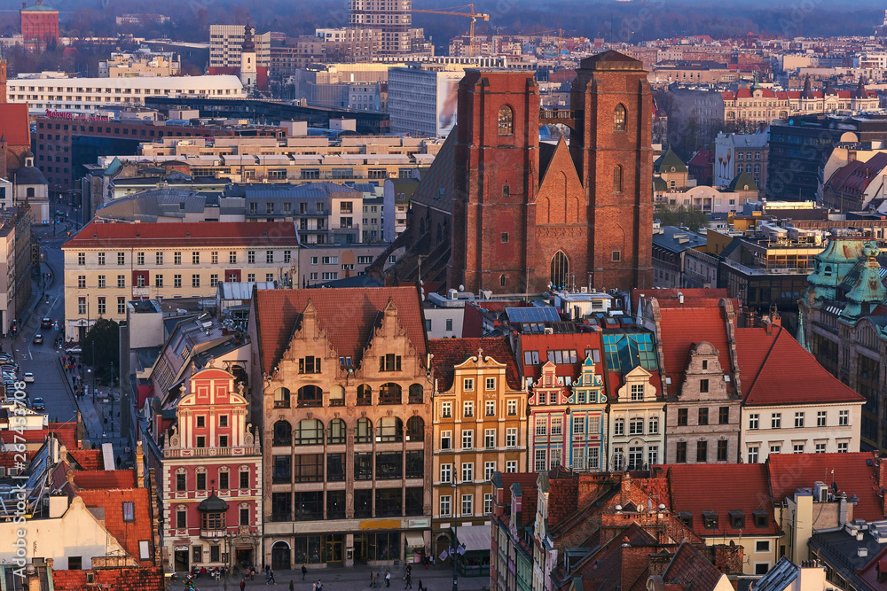 Aerial view of Stare Miasto with Market Square, Old Town Hall and St. Elizabeth's Church from St. Mary Magdalene Church in Wroclaw, Poland