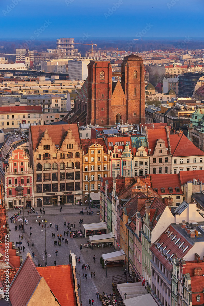Aerial view of Stare Miasto with Market Square, Old Town Hall and St. Elizabeth's Church from St. Mary Magdalene Church in Wroclaw, Poland