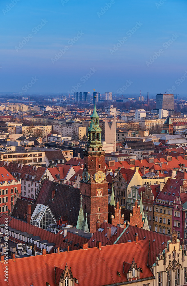Aerial view of Stare Miasto with Market Square, Old Town Hall and St. Elizabeth's Church from St. Mary Magdalene Church in Wroclaw, Poland