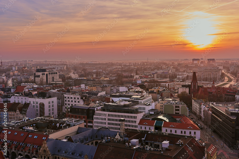 Beautiful, colorful sunset over Wroclaw aerial view