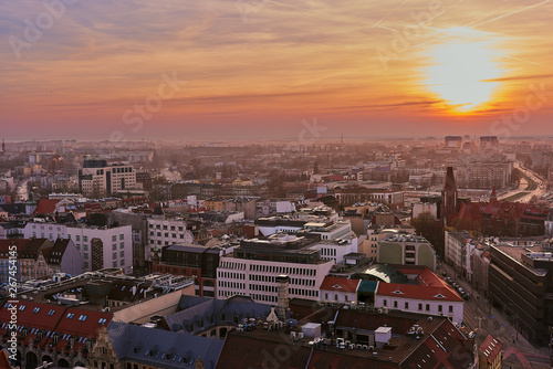 Beautiful, colorful sunset over Wroclaw aerial view