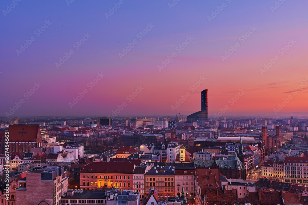 Wroclaw, Poland. Aerial view of the sunset of Sky Tower and other buildings