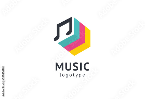 Vector illustration, Graphic Design Note web logotype. Abstract music logo icon vector design. Sound recording studio, night party. School of Music, disco, vocal course, composer, singer vector logo.