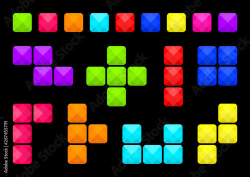 Colorful set of square buttons on black background, different shapes block, various types of block connections. Vector illustration