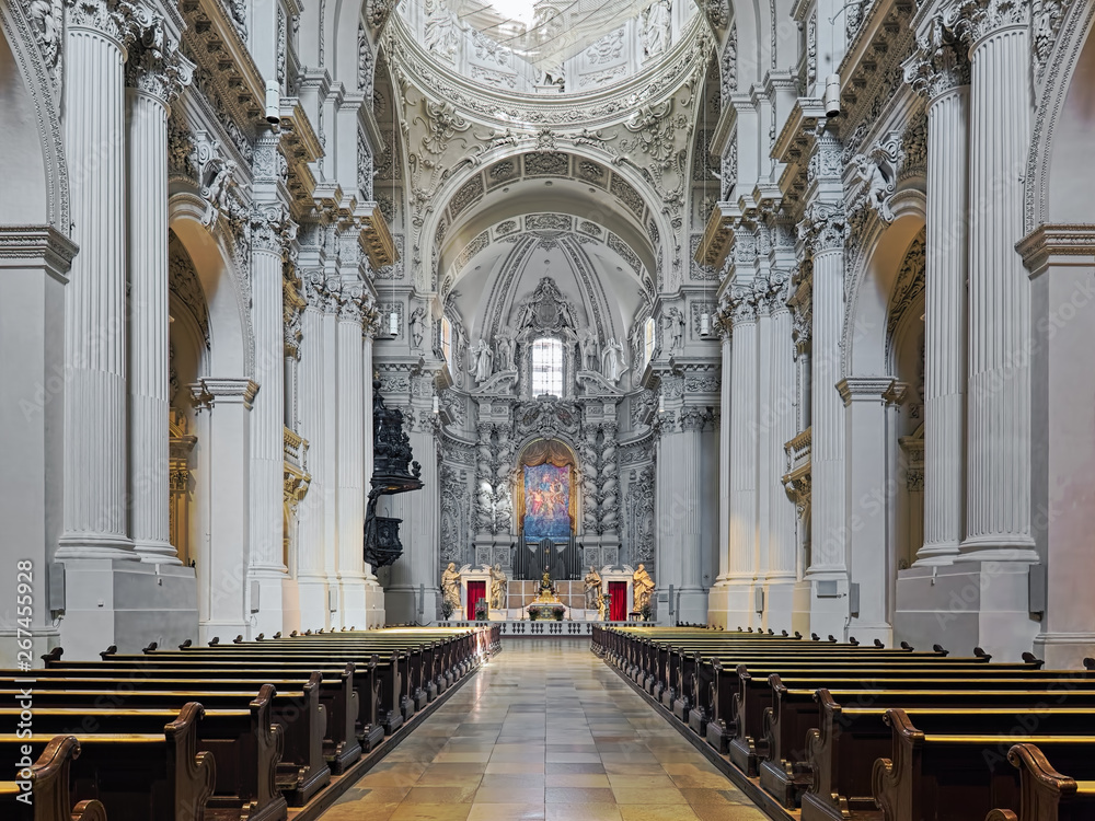 Interior of Theatinerkirche (Theatine Church of St. Cajetan) in Munich, Germany. The church was designed in Italian high-Baroque style by the Italian architect Agostino Barelli and built in 1663-1690.