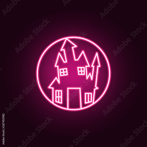 Happy halloween magic castle in round neon icon. Elements of Halloween set. Simple icon for websites  web design  mobile app  info graphics