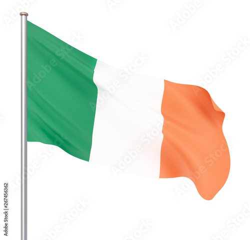 Ireland flag blowing in the wind. Background texture. 3d rendering, wave. Isolated on white.