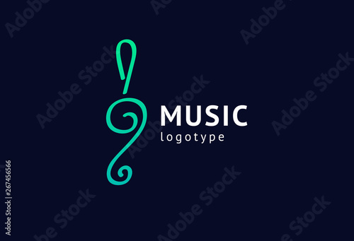 Vector illustration, Graphic Design treble clef logotype. Abstract music icon vector design. Sound recording studio, night party. School of Music, disco, vocal course, composer, singer vector logo.