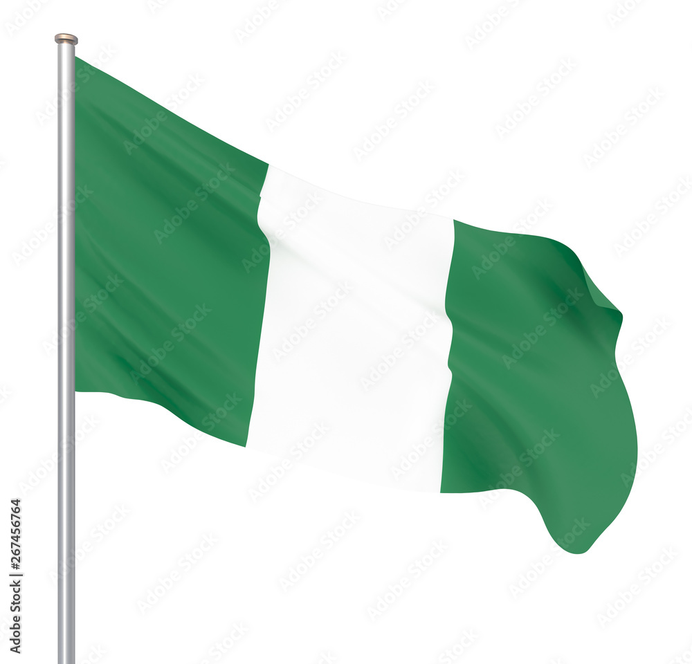 Obraz premium Nigeria flag blowing in the wind. Background texture. 3d rendering, waving flag. Isolated on white. Illustration.