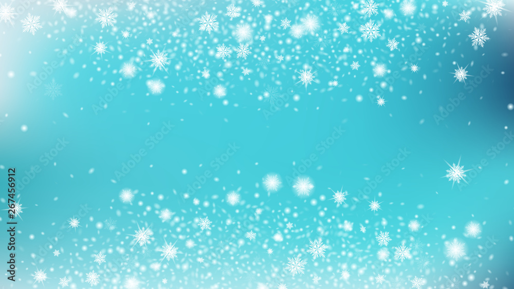 Glitter Snowflakes Background. Bbright, White, Shimmer, Glowing, Scatter, Falling background. Festive frame for New Year greetings. Blue base.