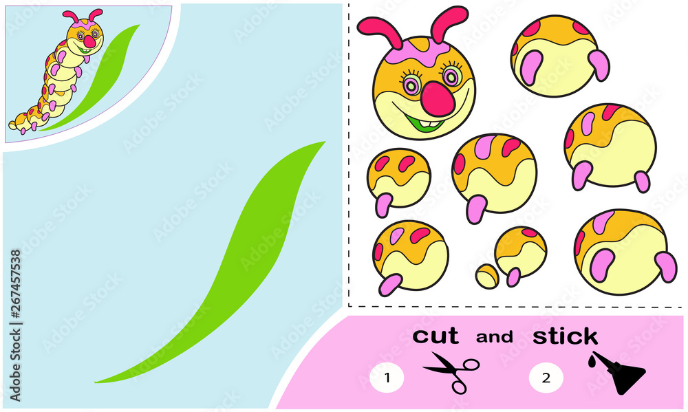 Educational paper game for children, caterpillar. Use scissors and glue to create an image.