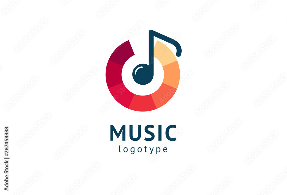 Vector illustration, Graphic Design Note web logotype. Abstract music logo icon vector design. Sound recording studio, night party. School of Music, disco, vocal course, composer, singer vector logo.