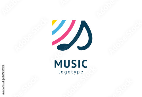 Vector illustration, Graphic Design Note web logotype. Abstract music logo icon vector design. Sound recording studio, night party. School of Music, disco, vocal course, composer, singer vector logo.