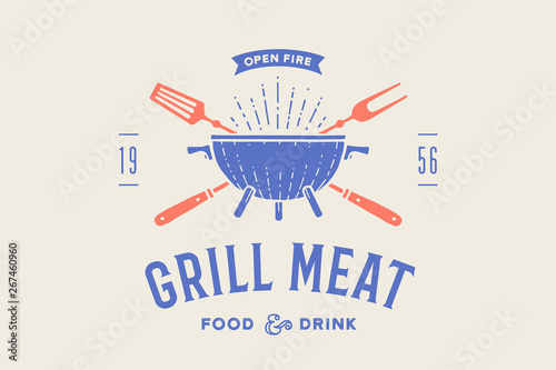 Label or logo for restaurant. Logo with grill, bbq or barbecue