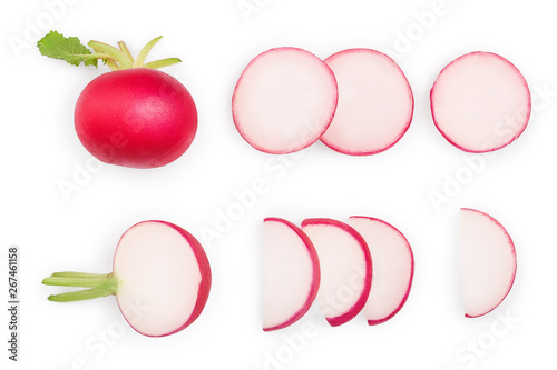 Fototapeta Naklejka Na Ścianę i Meble -  Set of fresh whole and sliced radish isolated on white background. Top view