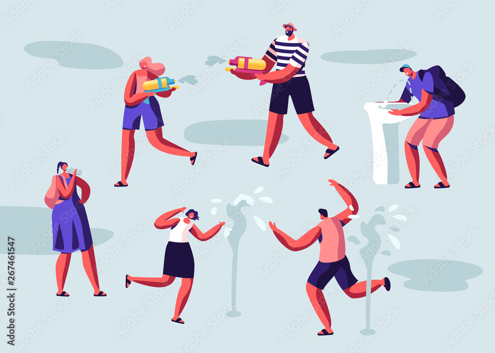 Happy People Splashing and Playing with Water in Hot Summer Time Season Weather. Male and Female Characters Drinking Aqua, Shooting with Toy Water Guns, Washing Face. Cartoon Flat Vector Illustration