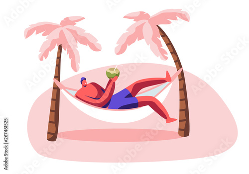 Young Man Relax in Hammock with Coconut in Hands. Summer Time Leisure on City Beach with Palms. Lounging Male Character Drinking Juice on Resort Seaside, Vacation Rest Cartoon Flat Vector Illustration