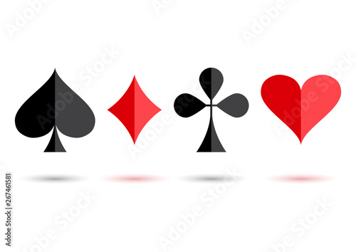 Billede på lærred Red and black poker card suit: heart, club, diamond and spade with colored shadow on white background
