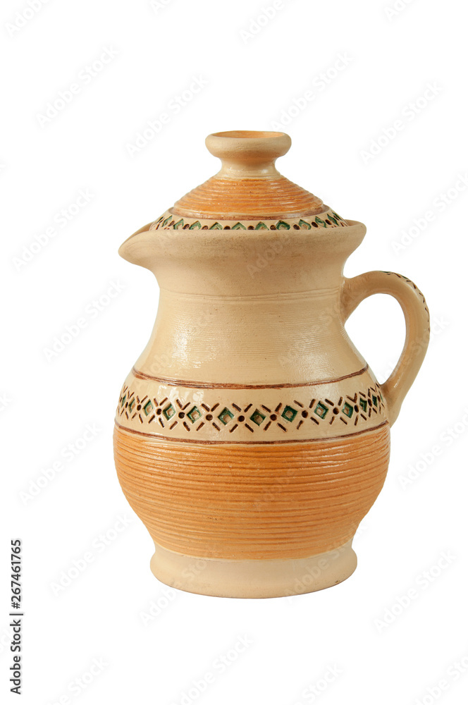 Ceramic crockery. Traditional Ukrainian brown jar with one handle and geometric pattern.