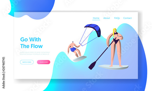 People Relaxing at Summertime Vacation, Water Sport Activity. Sup Board, Kitesurfing Leisure, Resort Active Recreation, Sport Website Landing Page, Web Page. Cartoon Flat Vector Illustration, Banner