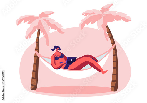 Young Woman Working on Laptop Lying in Hammock. Freelancer, Summer Time Leisure on City Beach. Lounging Female Character Relaxing on Resort Seaside, Vacation Rest. Cartoon Flat Vector Illustration