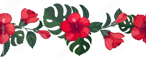 Seamless floral tropical border with hibiscus and monstera. Endless horizontal decorative pattern brush