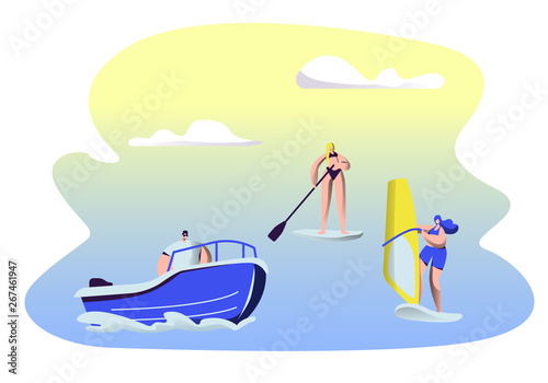 People Summertime Water Sport Activity. Surfing, Sup Board, Motor Boat Riding, Sailing. Men and Women Relax at Summer Time Vacation, Leisure, Resort Active Recreation Cartoon Flat Vector Illustration