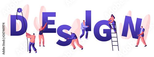 Design Concept. Teamworking People with Crane and Ladder Working Together, Male and Female Characters Designers Create New Project. Poster, Banner, Flyer, Brochure. Cartoon Flat Vector Illustration