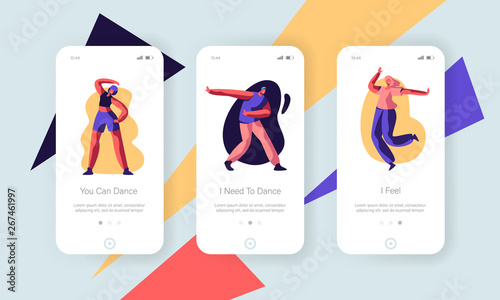People in Festive Clothing Dancing Sparetime Concept. Friends Spend Time Disco Party, Dance Hobby Leisure Mobile App Page Onboard Screen Set for Website or Web Page, Cartoon Flat Vector Illustration