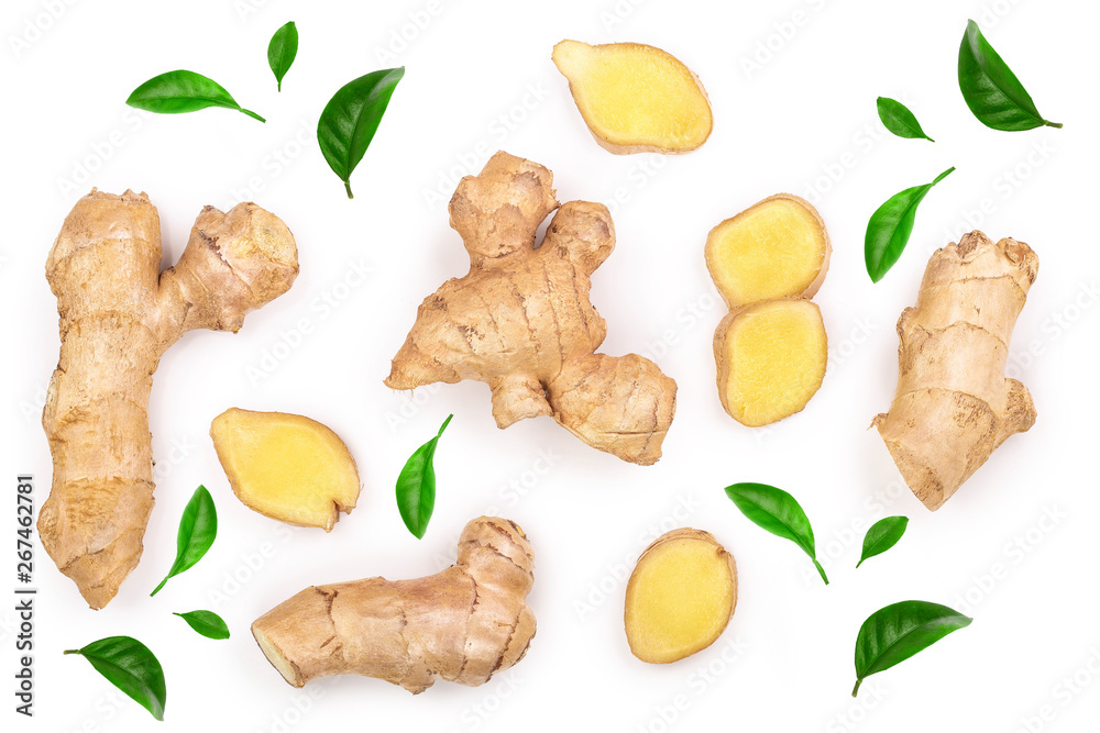 fresh Ginger root and slice isolated on white background. Top view. Flat lay - obrazy, fototapety, plakaty 