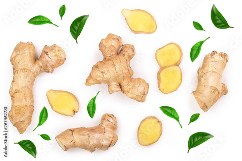 Vászonkép fresh Ginger root and slice isolated on white background