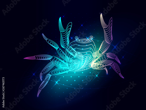 Bluecrab composed. Marine animal digital concept. Vector illustration of a starry sea or Comos. The crab consists of lines. Wireframe light connection structure