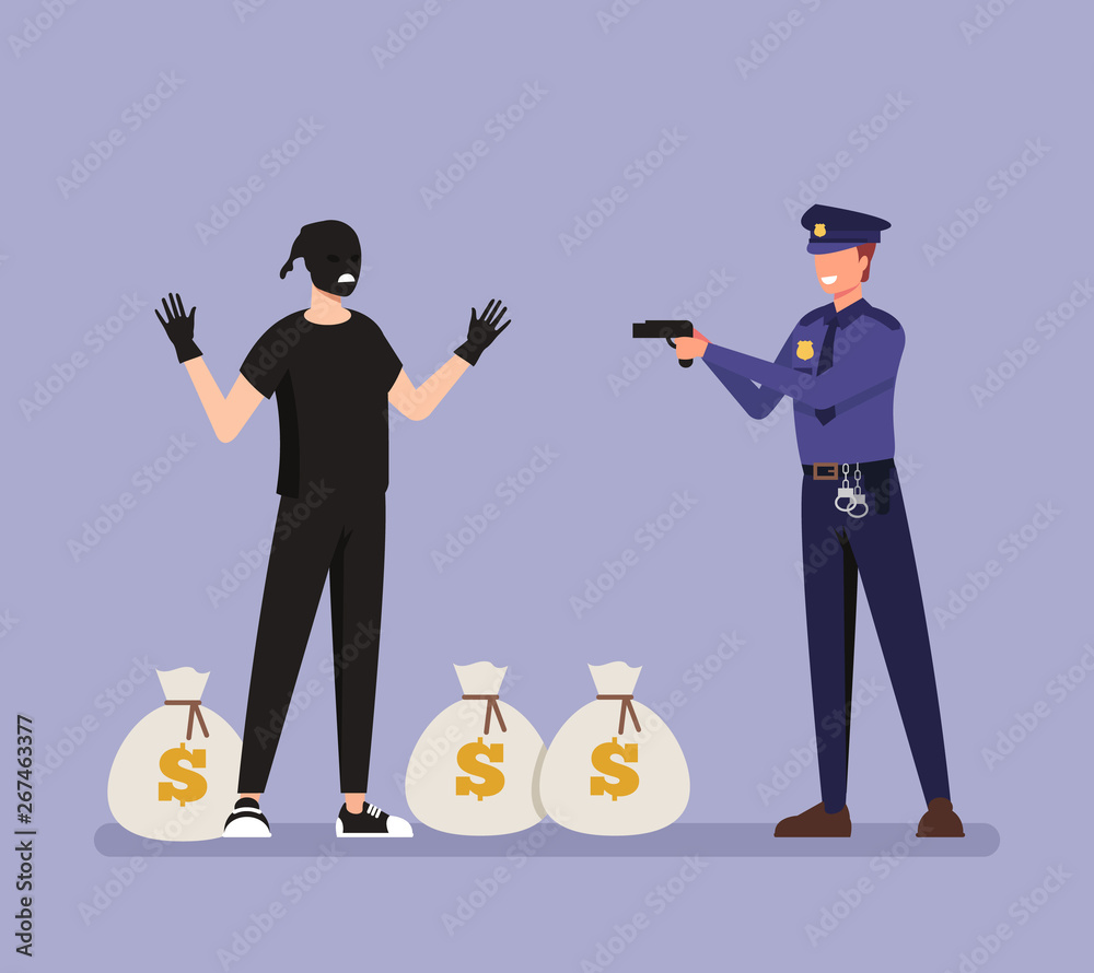 Policeman character caught criminal bandit thief with stolen money bags. Crime  scene concept. Vector flat graphic design cartoon illustration Stock Vector  | Adobe Stock