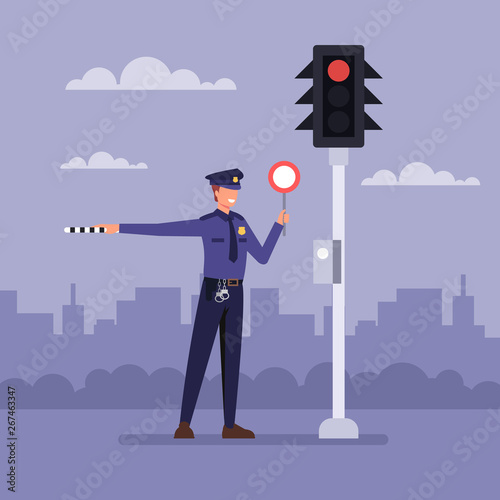 Policemen near traffic light. Vector flat graphic design cartoon illustration