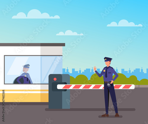 Security guard protect toll booth. Vector flat graphic design cartoon illustration