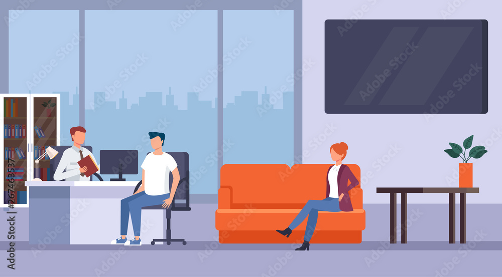 Man and woman clients sitting on bank office and consulting with operator bank worker. Banking consultation service concept. Vector flat graphic design cartoon illustration Man and woman clients sitting on bank office and consulting with operator bank worker. Banking consultation service concept. Vector flat graphic design cartoon illustration