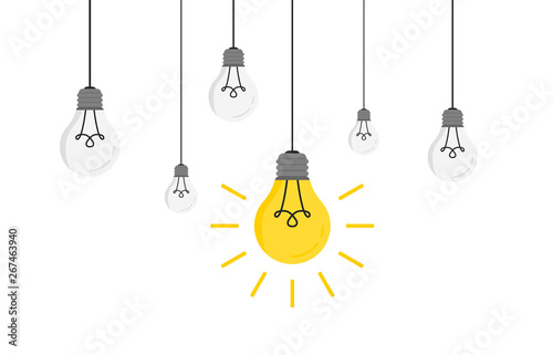 Hanging light bulbs with glowing one Vector illustration for your design. Trendy flat vector light bulbs icons with concept of idea