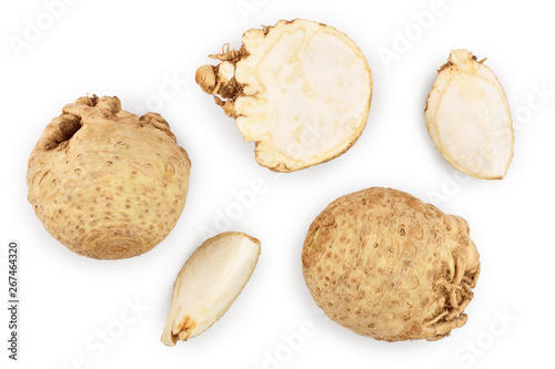 Fresh celery root isolated on white background. Top view. Flat lay.